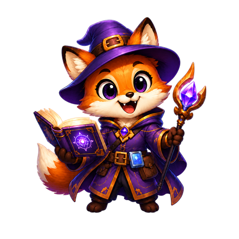 Web Mage's mascot: a fox familiar in a wizard hat, holding a spellbook and a crystal staff